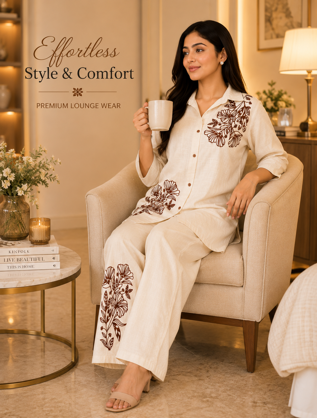 Women's Floral Embroidered Co-Ord Set | Premium Cotton Blend Shirt & Palazzo Pants Set