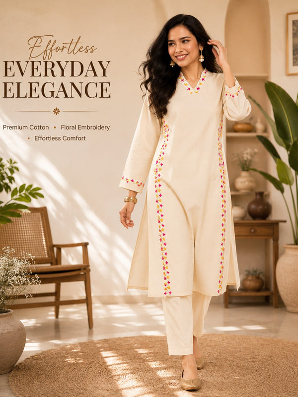 Floral Embroidered Cotton Kurta Pant Set for Festive Wear