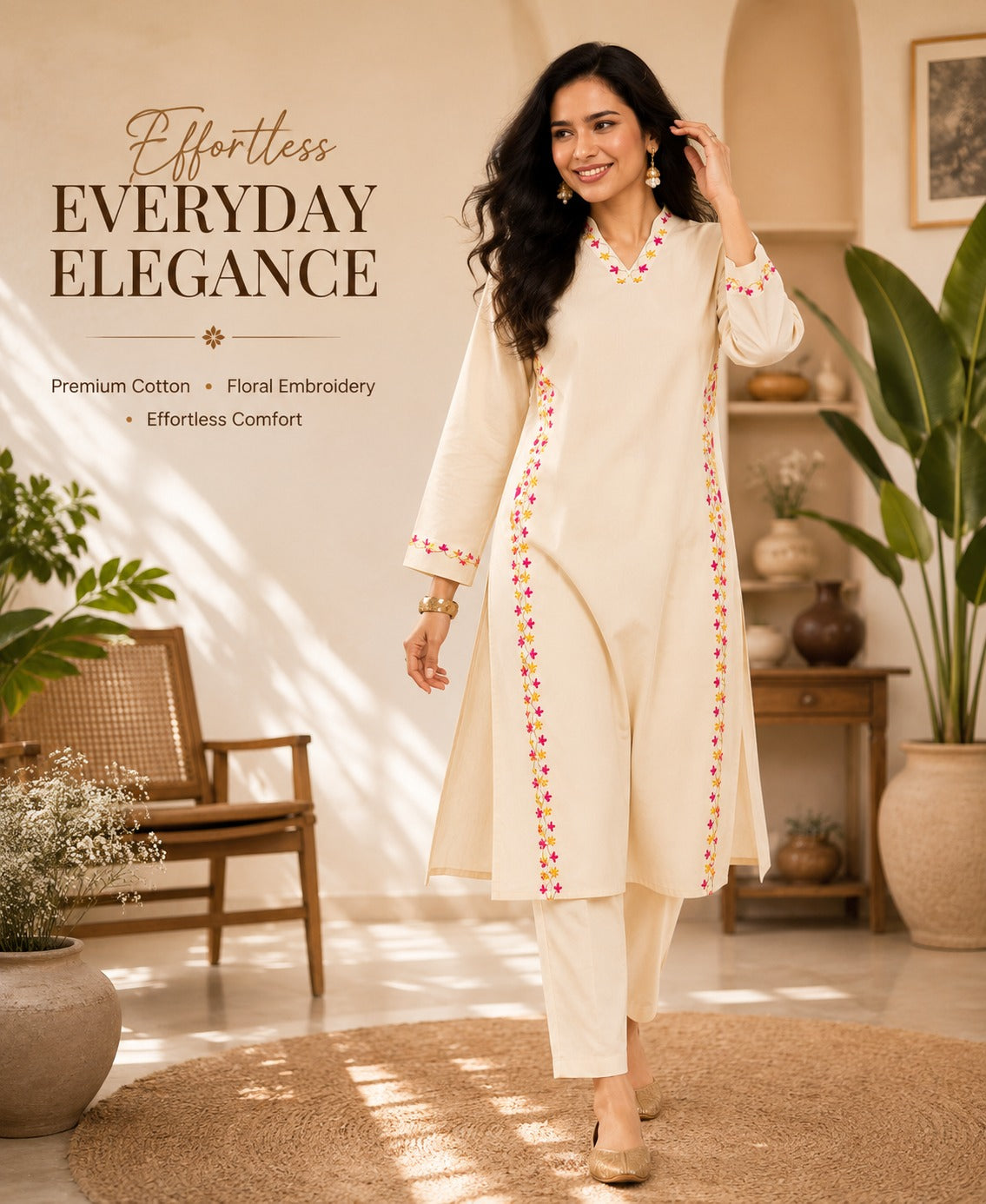 Premium Pure Cotton Embroidered Kurta Pant Set | Straight Fit | Daily & Office Wear