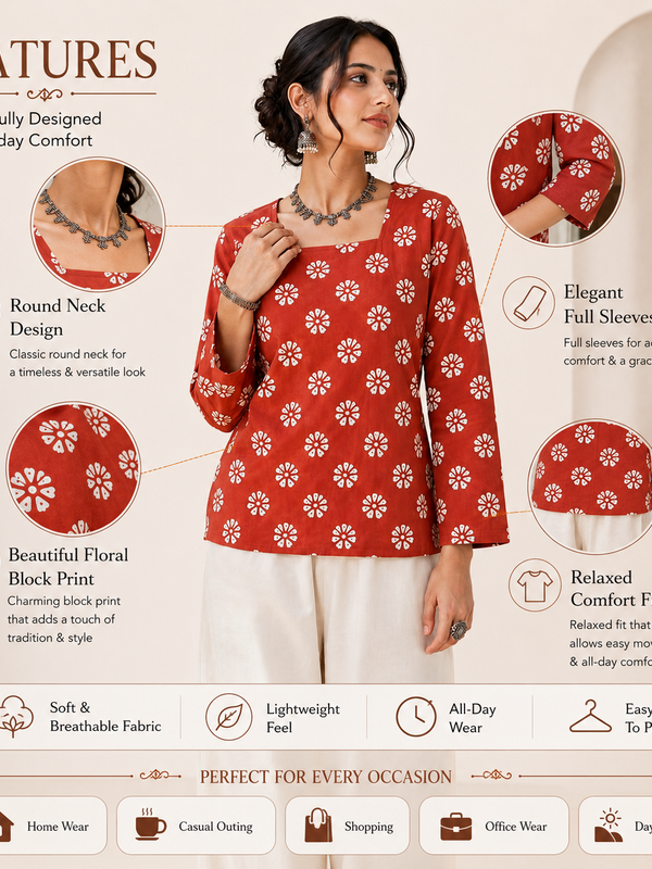 Red Block-Print Cotton Top for Office Wear - view 4