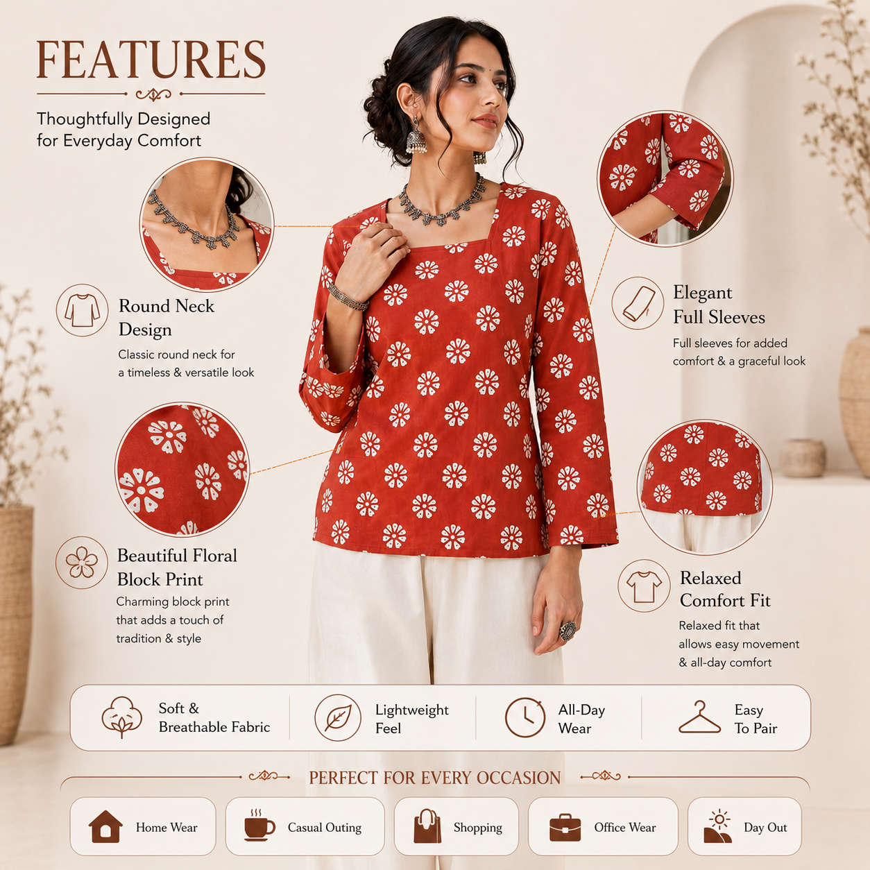 Women's Cotton Floral Block Print Top