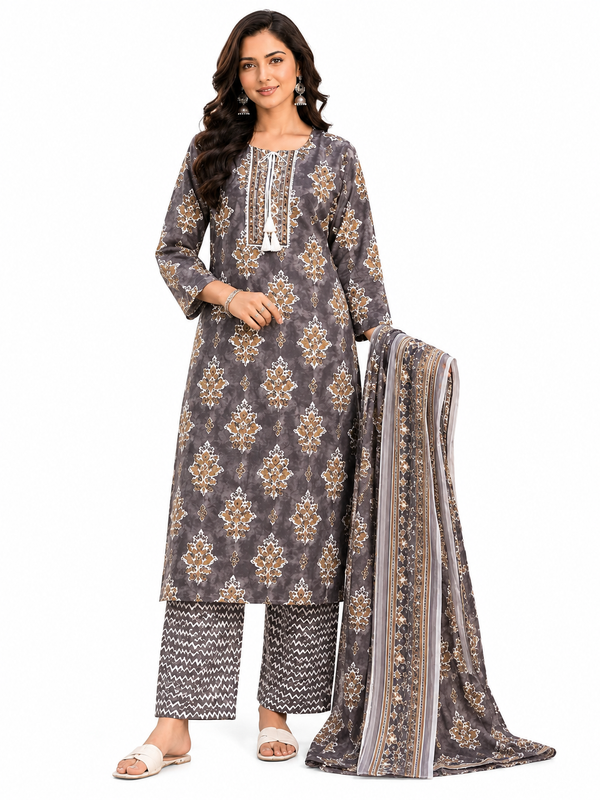 Brown Embroidered Cotton Kurta Pant Dupatta Set for Festive Wear - view 5