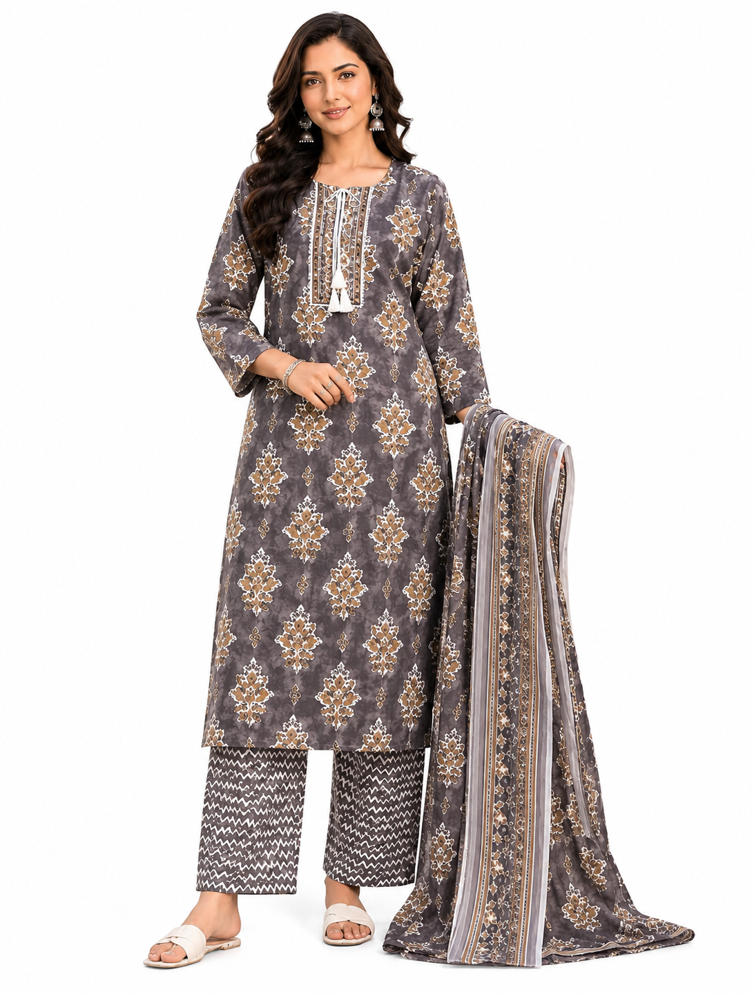 Women's Premium Cotton Kurta Pant Dupatta Set | Embroidered Neck | Printed 3-Piece Ethnic Suit