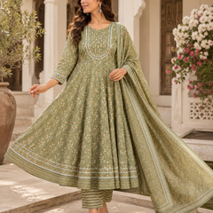 Green Embroidered Cotton Anarkali Suit Set for Festive Wear