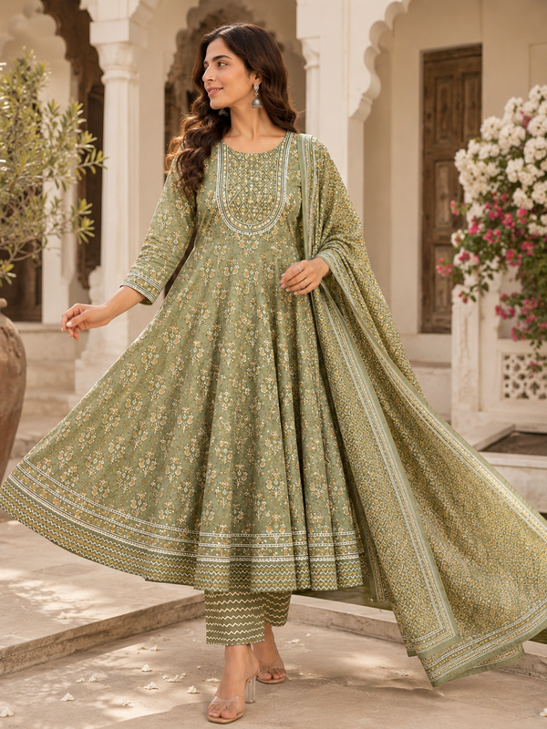 Green Embroidered Cotton Anarkali Suit Set for Festive Wear