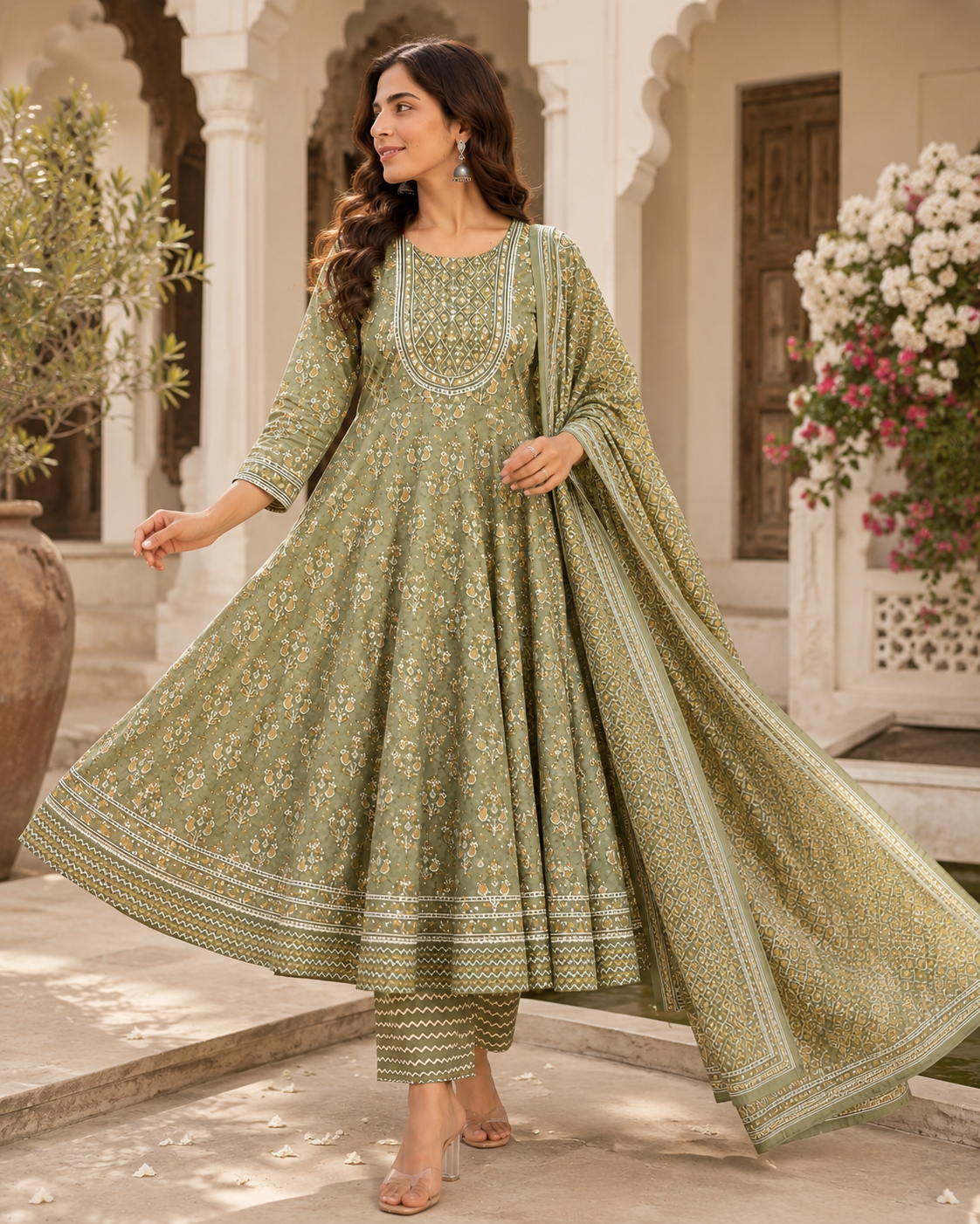Women's Premium Cotton Anarkali Kurta Pant Dupatta Set | Embroidered Neck | 3-Piece Ethnic Suit