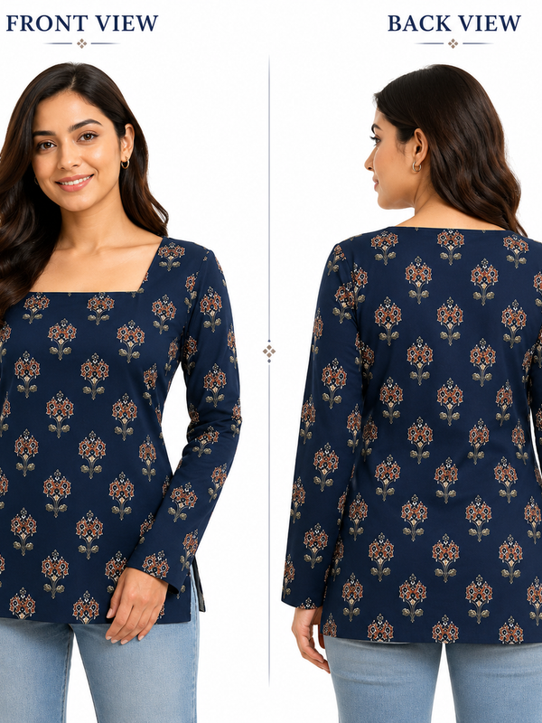 Navy Printed Tunic Top for Office Wear - view 5