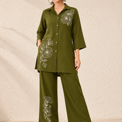 Floral Embroidered Shirt & Pant Co-Ord Set for Office Wear