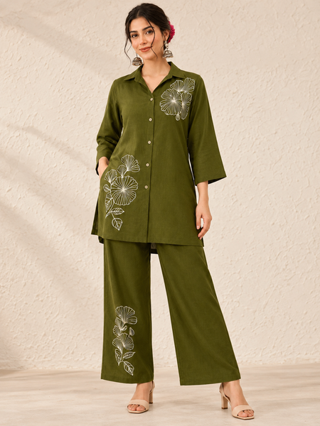 Floral Embroidered Shirt & Pant Co-Ord Set for Office Wear