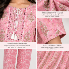 Pink Embroidered Cotton Kurta Pant Dupatta Set for Casual Wear - view 4