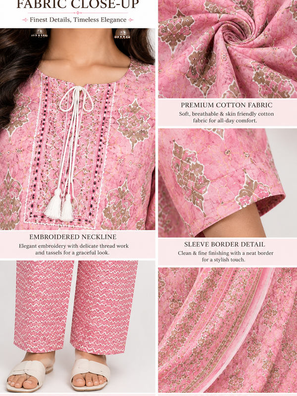 Pink Embroidered Cotton Kurta Pant Dupatta Set for Casual Wear - view 4