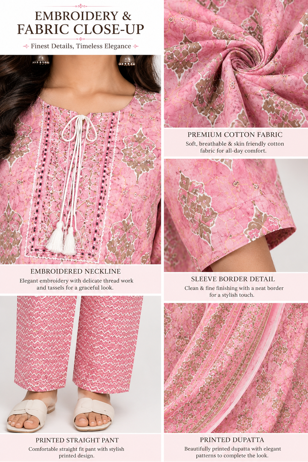 Women's Premium Cotton Kurta Pant Dupatta Set | Embroidered Neck | Printed 3-Piece Ethnic Suit