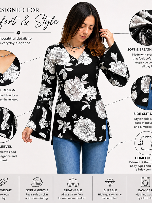 Floral Short Kurti for Office Wear with V-Neck - view 4