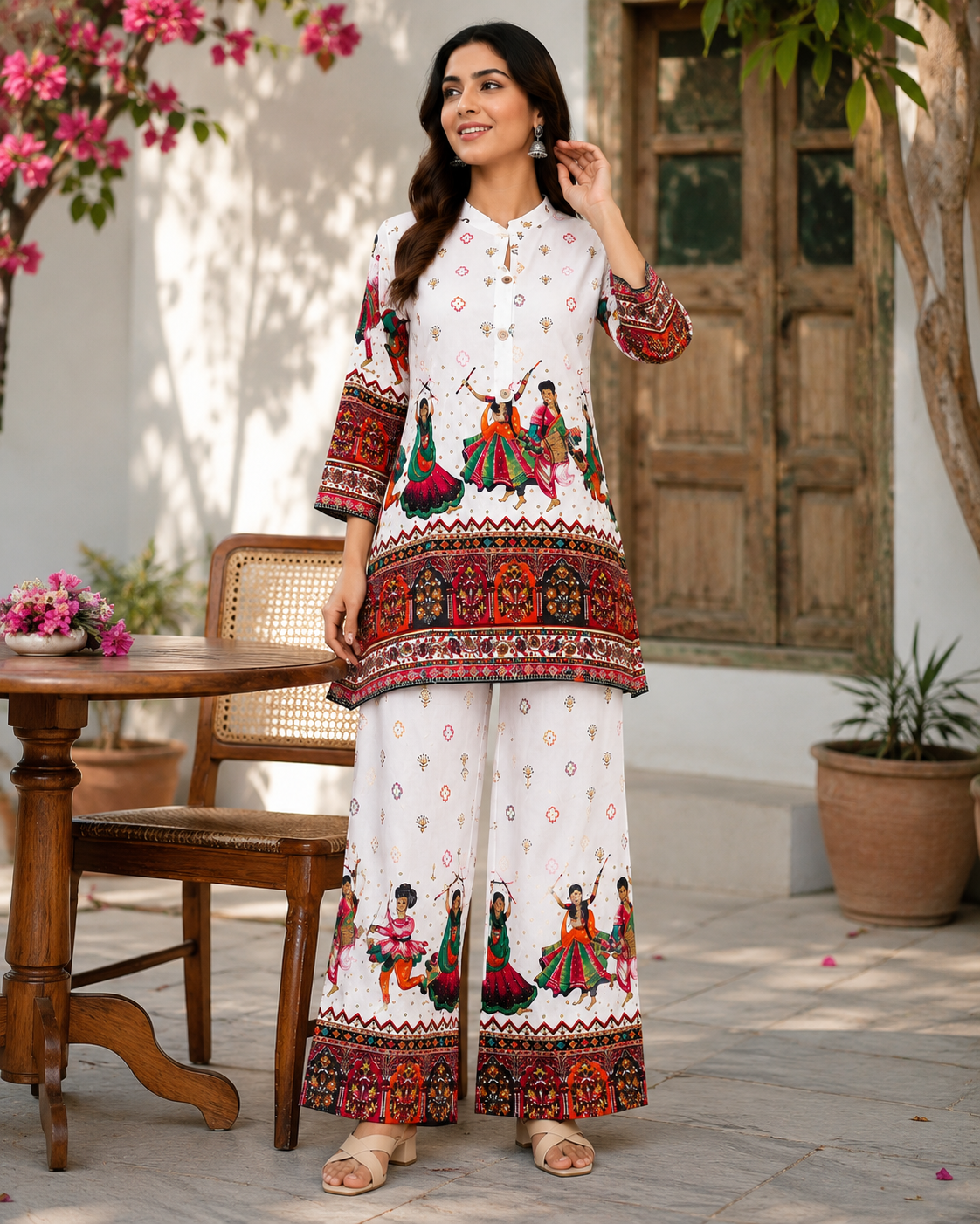 Premium Folk Print Rayon Kurta Palazzo Co-Ord Set for Women