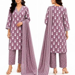 Purple Embroidered Cotton Kurta Pant Dupatta Set for Festive Wear - view 3