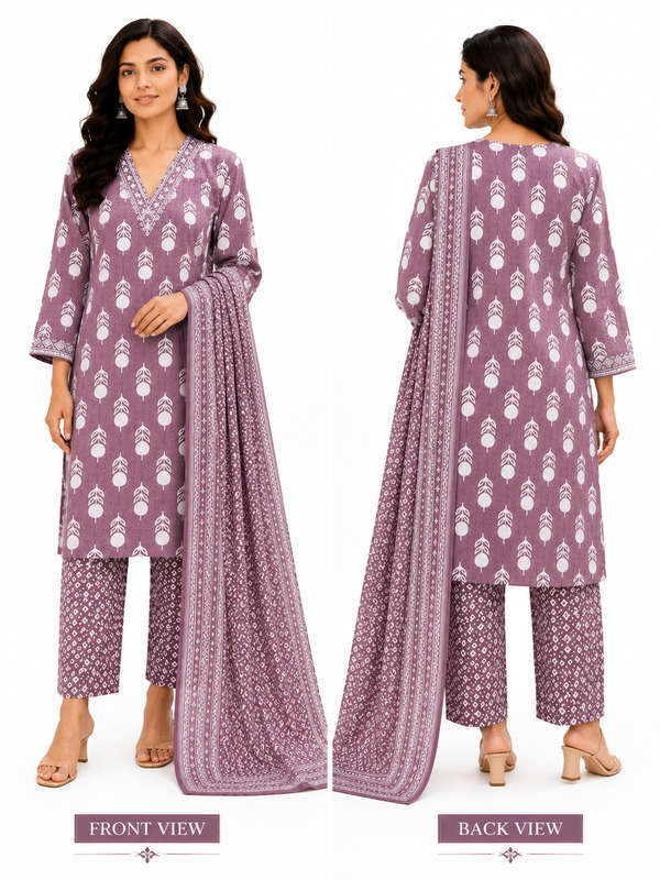 Purple Embroidered Cotton Kurta Pant Dupatta Set for Festive Wear - view 3
