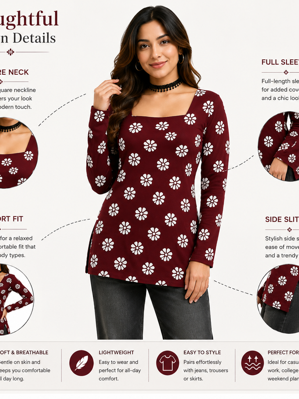 Floral-Print Tunic Top for Office Wear with Square Neck - view 4