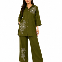 Floral Embroidered Shirt & Pant Co-Ord Set for Office Wear - view 3