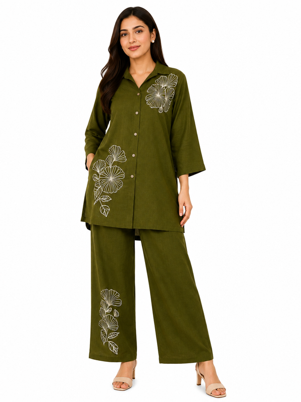 Floral Embroidered Shirt & Pant Co-Ord Set for Office Wear - view 3