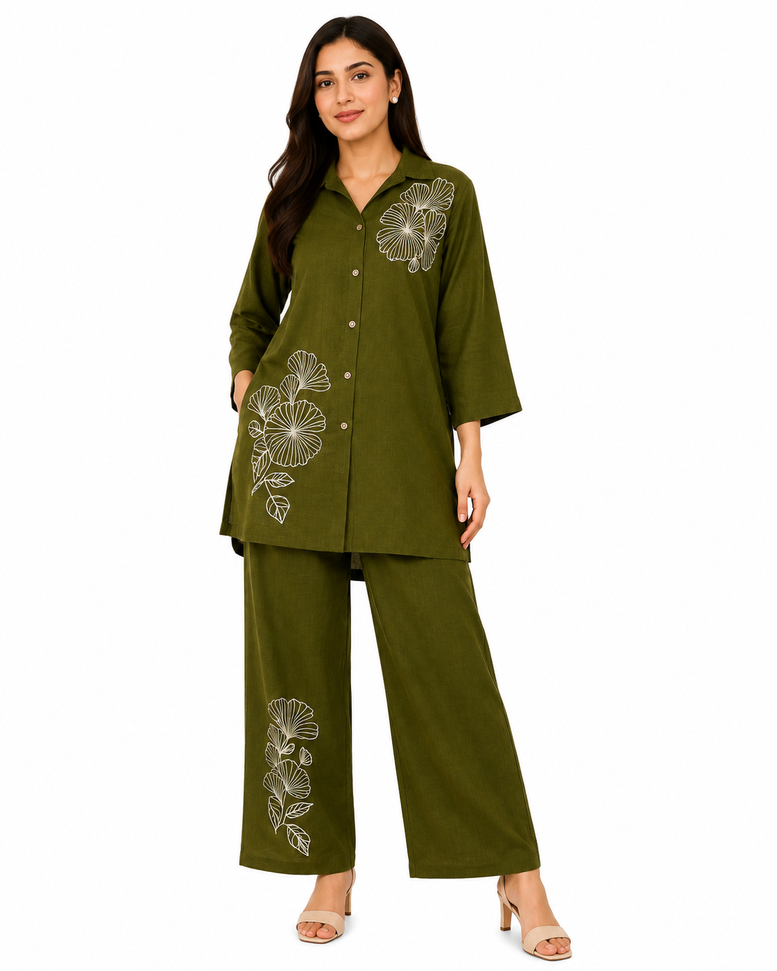 Women's Floral Embroidered Co-Ord Set | Button Down Shirt & Wide Leg Pants