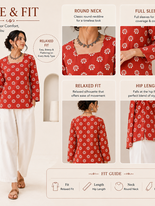Red Block-Print Cotton Top for Office Wear - view 6