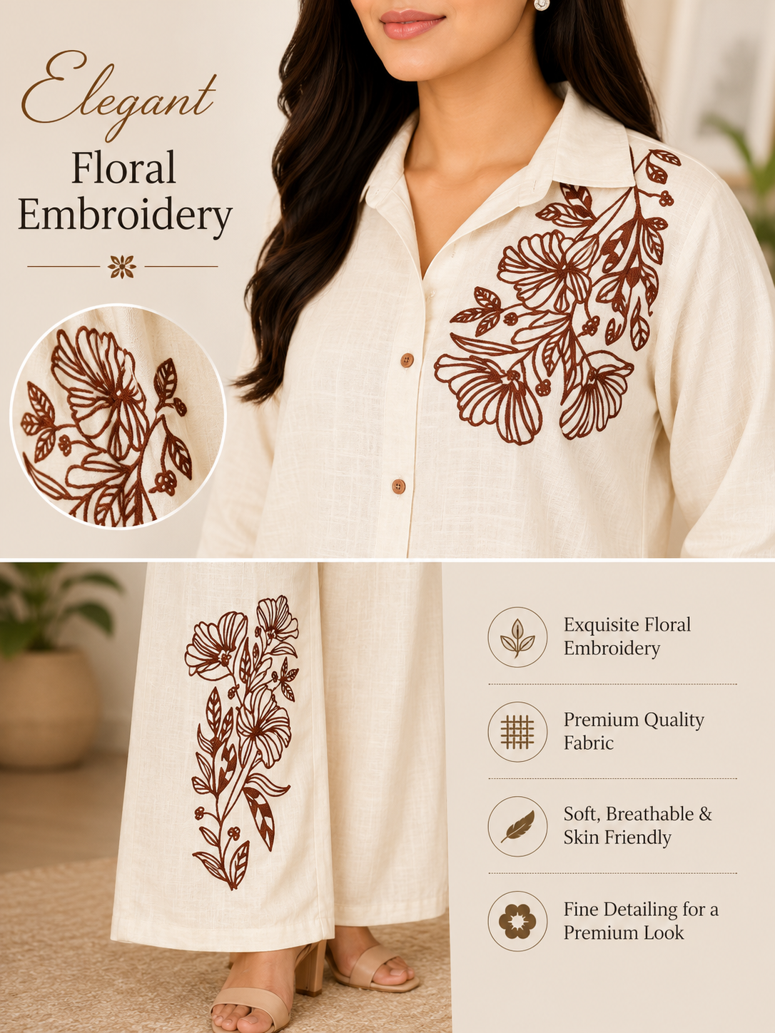Women's Floral Embroidered Co-Ord Set | Premium Cotton Blend Shirt & Palazzo Pants Set