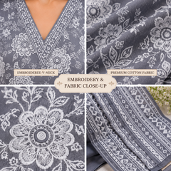 Gray Printed Cotton Kurta Pant Dupatta Set for Festive Wear - view 2