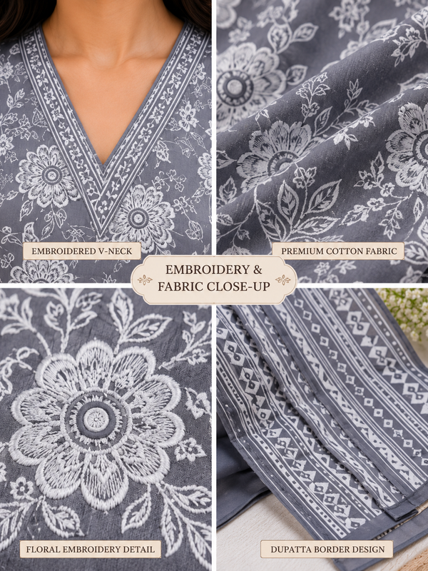 Gray Printed Cotton Kurta Pant Dupatta Set for Festive Wear - view 2