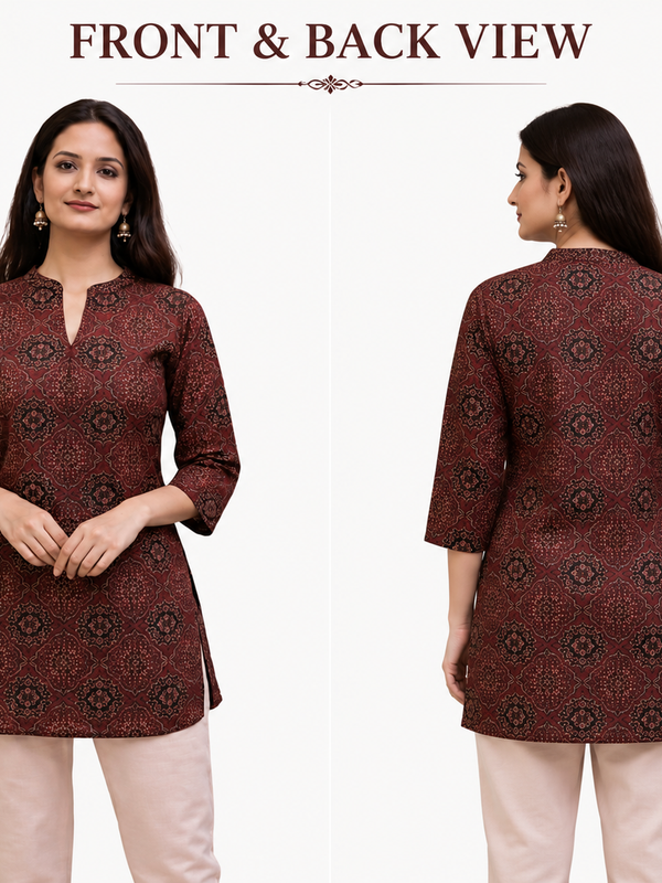 Red Printed Cotton Short Kurti for Office Wear - view 5