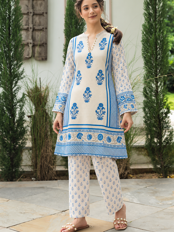 Ivory Blue Pure Crepe Mughal Floral Printed Co-Ord Set