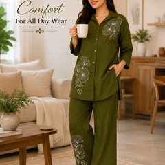 Floral Embroidered Shirt & Pant Co-Ord Set for Office Wear