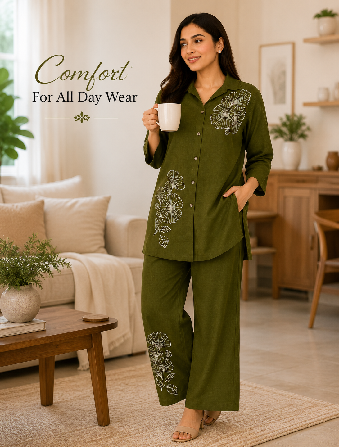 Women's Floral Embroidered Co-Ord Set | Button Down Shirt & Wide Leg Pants