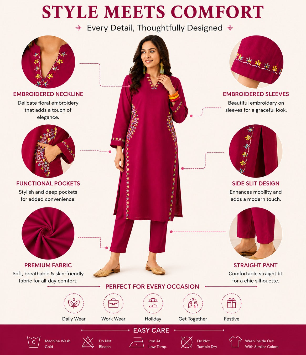 Premium Embroidered Kurta Pant Set | Straight Fit | Elegant Daily Wear
