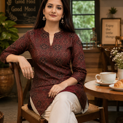 Red Printed Cotton Short Kurti for Office Wear