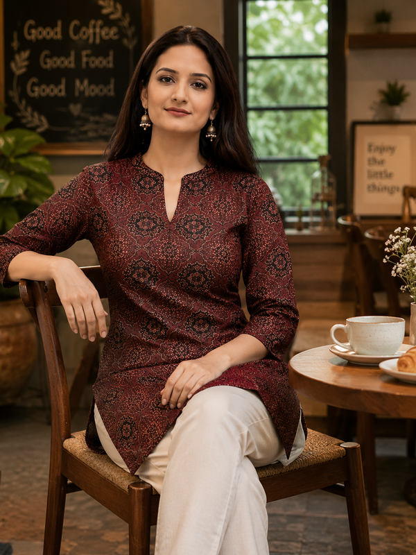 Red Printed Cotton Short Kurti for Office Wear