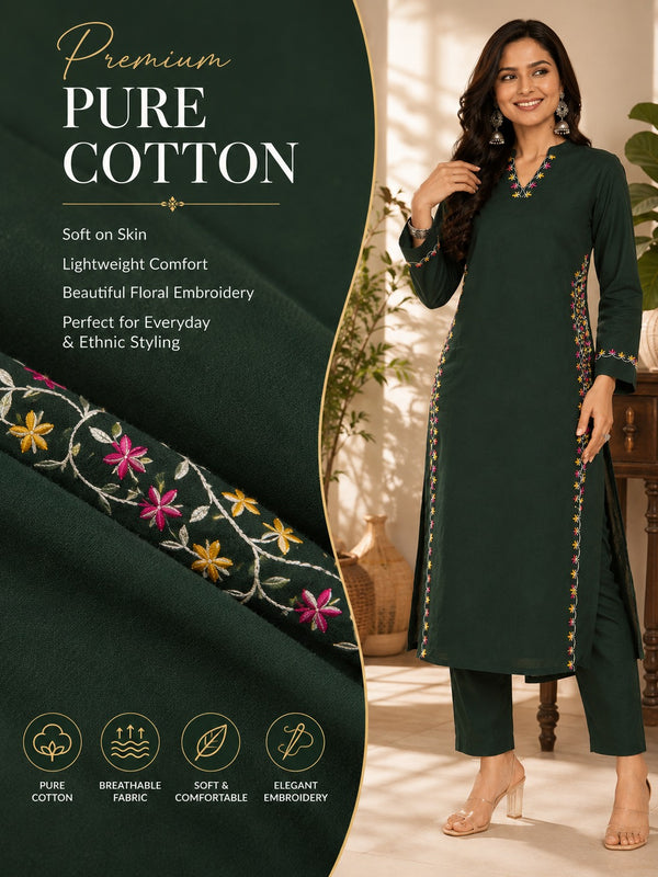 Green Embroidered Cotton Kurta Pant Set for Festive Wear - view 5