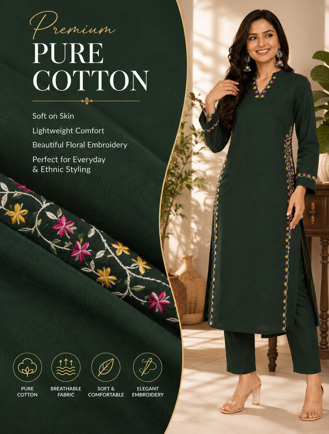 Premium Cotton Embroidered Kurta Pant Set | Straight Fit | Daily & Office Wear