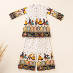 White Folk-Art Print Kurta Palazzo Set for Festive Wear - view 2