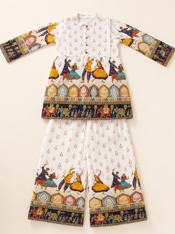 White Folk-Art Print Kurta Palazzo Set for Festive Wear - view 2