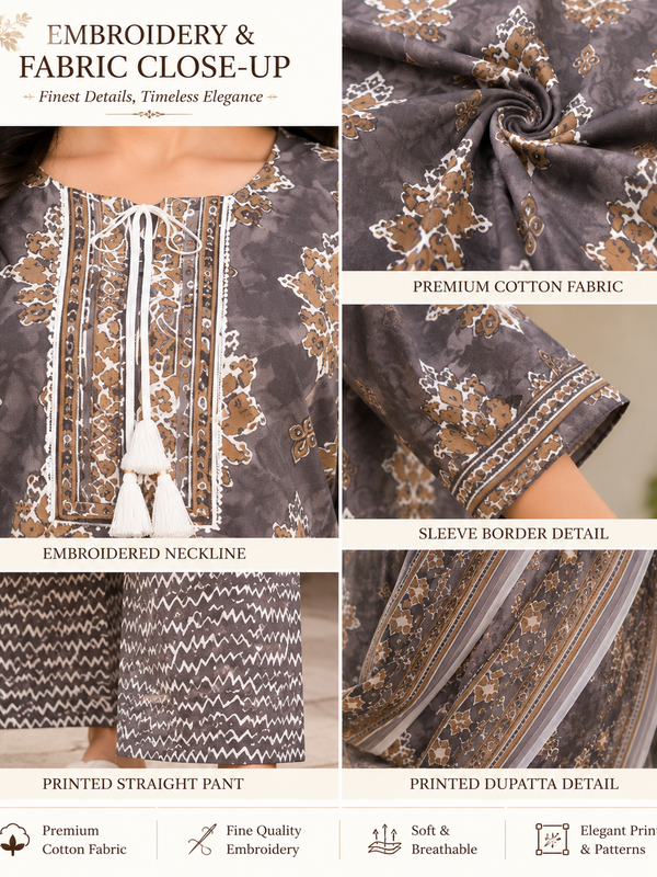 Brown Embroidered Cotton Kurta Pant Dupatta Set for Festive Wear - view 3