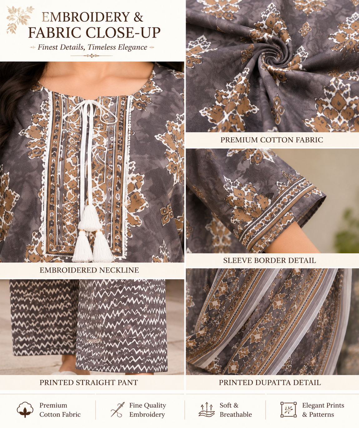 Women's Premium Cotton Kurta Pant Dupatta Set | Embroidered Neck | Printed 3-Piece Ethnic Suit