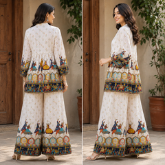 White Folk-Art Print Kurta Palazzo Set for Festive Wear - view 5