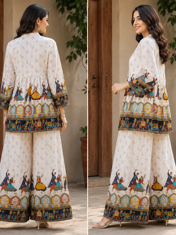 White Folk-Art Print Kurta Palazzo Set for Festive Wear - view 5