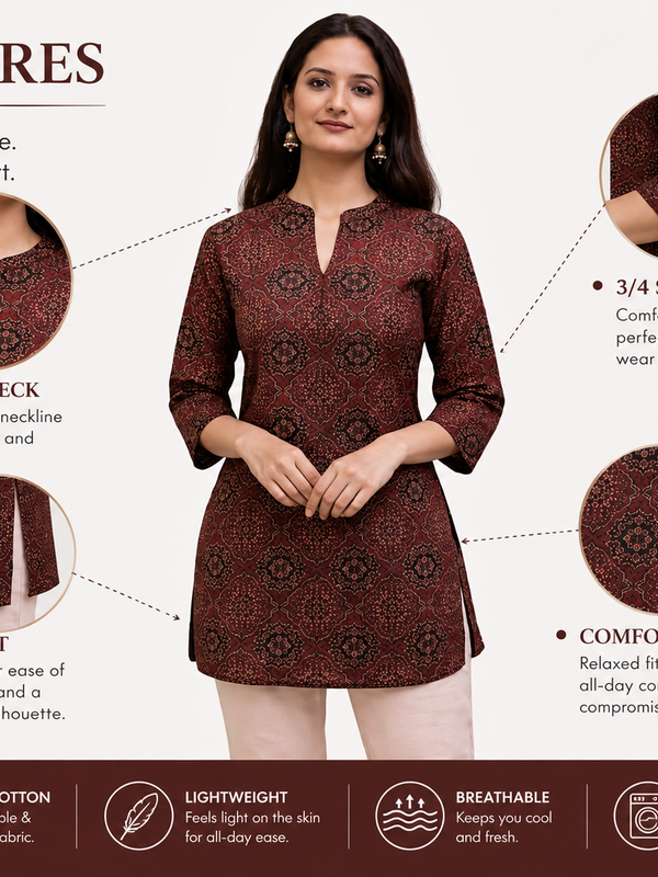 Red Printed Cotton Short Kurti for Office Wear - view 4