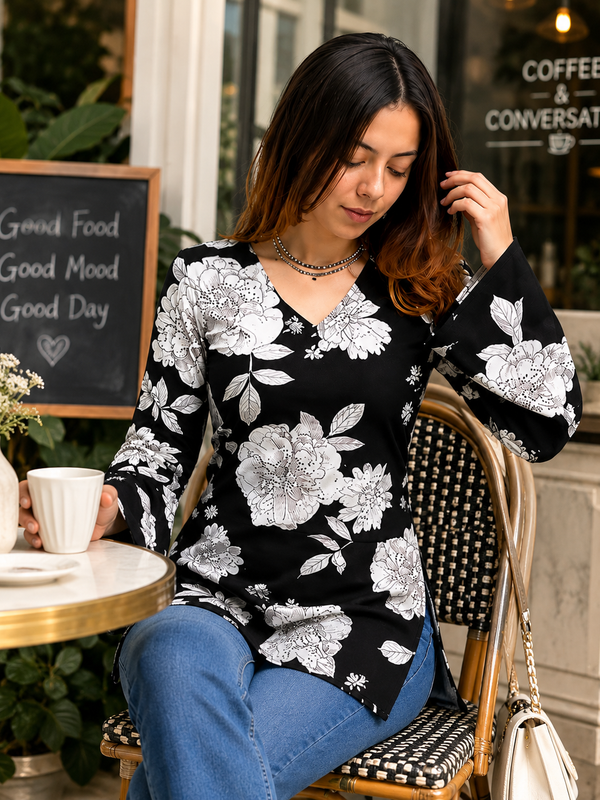 Floral Short Kurti for Office Wear with V-Neck