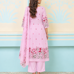 Pink Pintuck Anarkali Suit Set with Floral Embroidered Dupatta