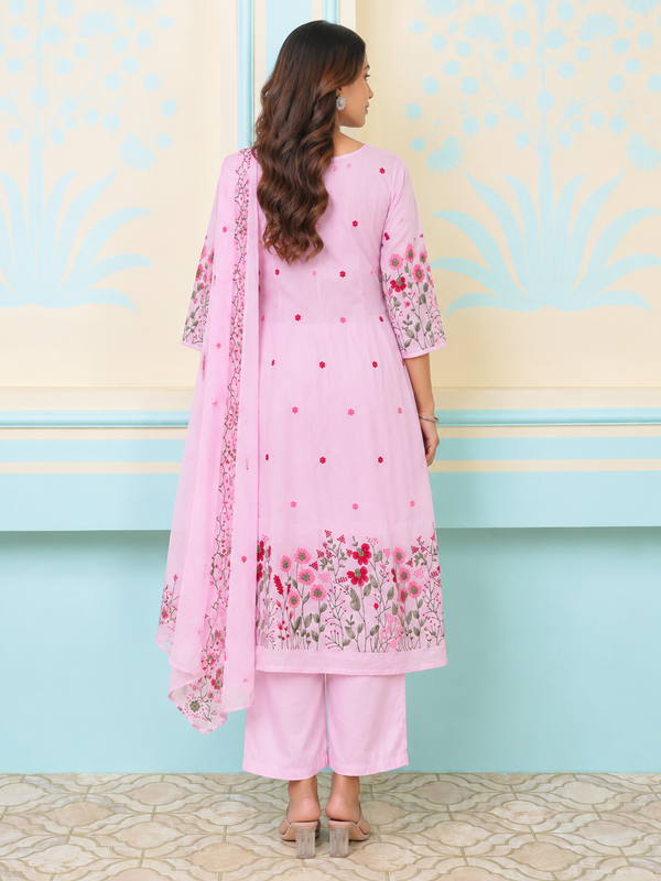 Pink Pintuck Anarkali Suit Set with Floral Embroidered Dupatta