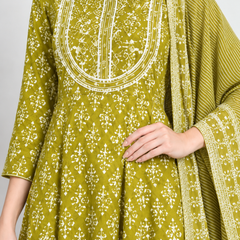 Green Embroidered Cotton Ethnic Suit Set for Casual Wear