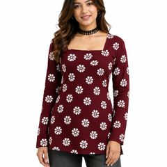Floral-Print Tunic Top for Office Wear with Square Neck - view 2