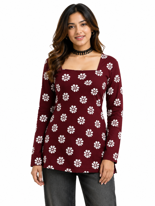 Floral-Print Tunic Top for Office Wear with Square Neck - view 2